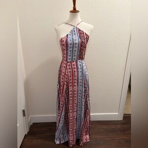 1. State Strapless Red and Blue Patterned Dress